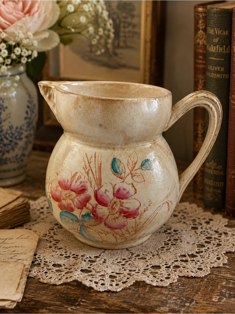Antique Steubenville SP Co Ironstone Pitcher Pink Rose Transferware 6.5”